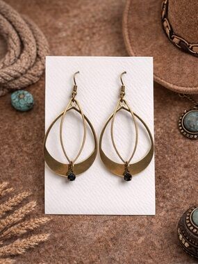 Gold Teardrop Dangle Earrings with Black Stone - Women Jewelry